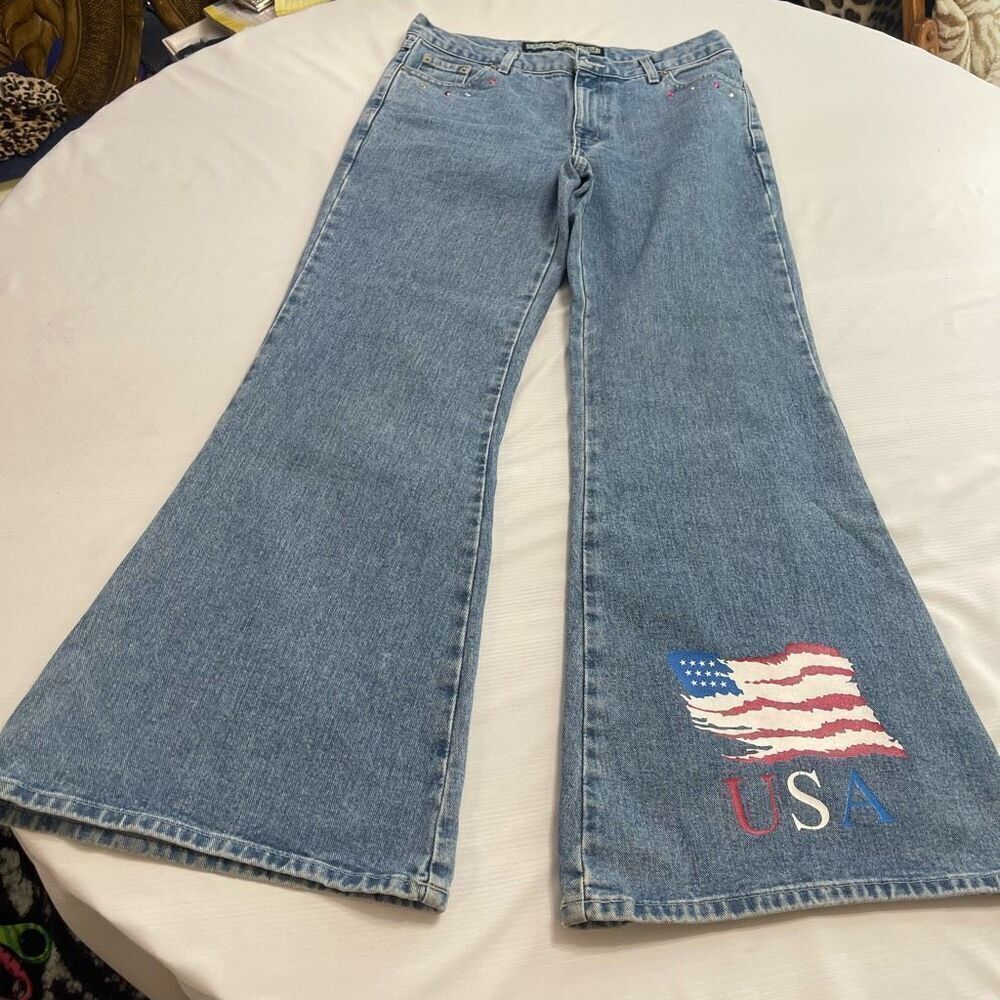 NOTHING Y2K Patriotic USA Wide Leg Flare Denim Jeans Size 13/14